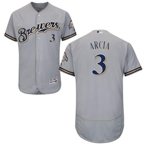 Brewers #3 Orlando Arcia Grey Flexbase Authentic Collection Stitched MLB Jersey - Click Image to Close
